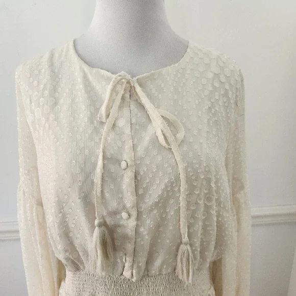 New Lulus Dress XL Swiss Dot Peasant Long Slv Cream Womens Casual Party … - Picture 2 of 15